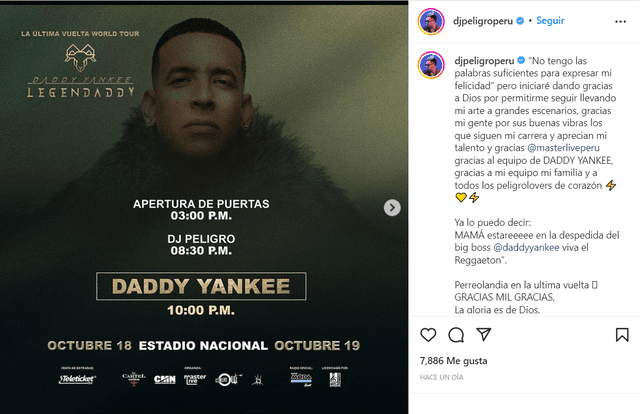 DJ Peligro agradeció al equipo de Daddy Yankee. Foto: @djpeligroperu/Instagram