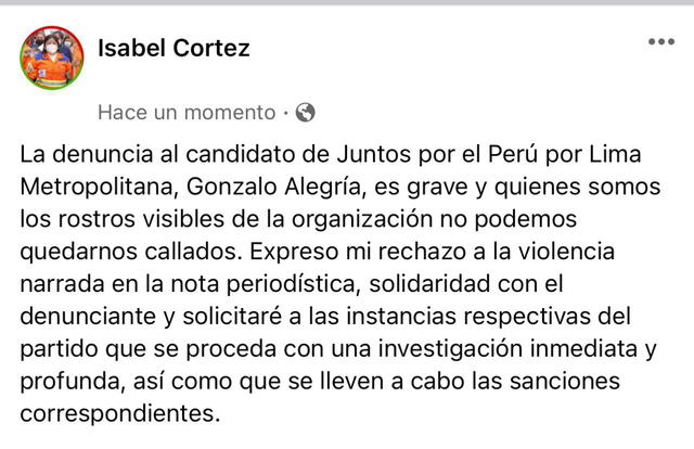 Cortez se manifestó sobre la presunta denuncia contra Alegría. Foto: captura de Twitter