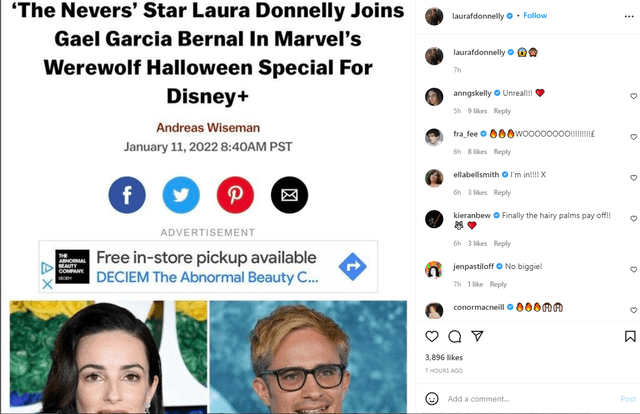Laura Donnelly anuncia su ingreso a Werewolf by night de Marvel. Foto: Instagram/@laurafdonnelly