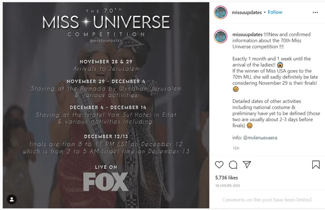 Las fechas se compartieron por Instagram. Foto: captura de Instagram/Miss Universe Updates