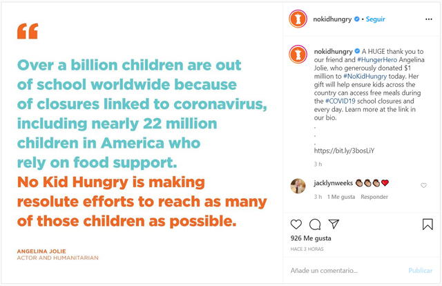 El comunicado en la cuenta oficial de Instagram de la fundación No Kid Hungry.