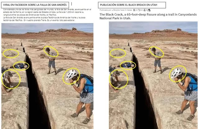 Comparación entre la fotografía que muestra la Falla de San Andrés (izquierda) y la que muestra el Black Crack (derecha). Fuente: Composición Lr, Facebook, Reddit.