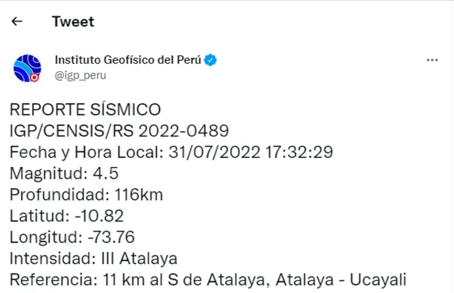 Sismo en Ucayali. Foto: IGP/Twitter