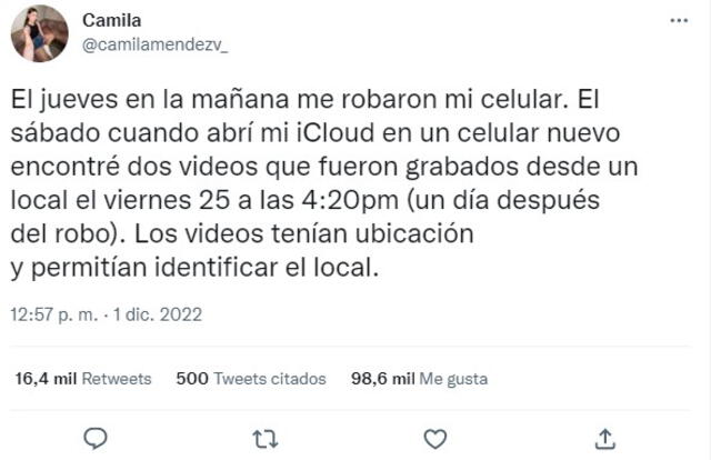 La joven denunció el hecho vía redes sociales. Foto: captura @camilamendezv_/Twitter