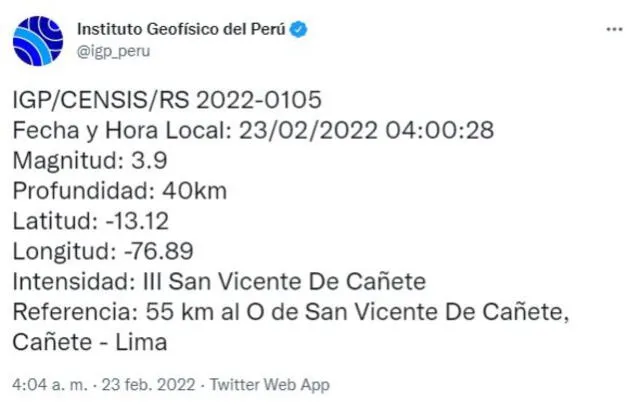 Datos del sismo en Lima. Foto: captura IGP