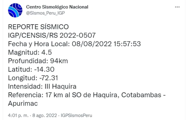 último temblor en Perú