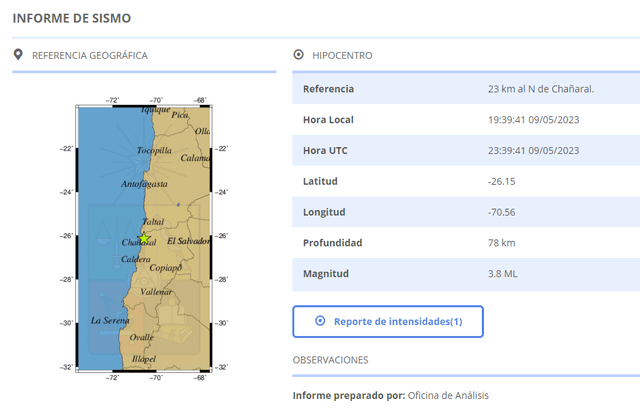 Último temblor registrado en Chile. Foto: CSN.