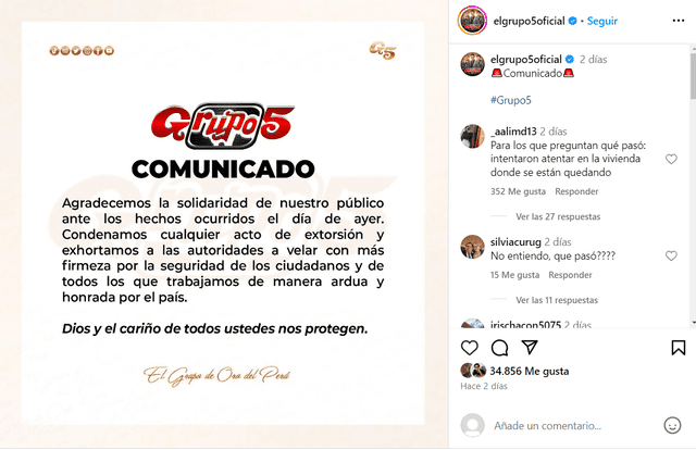 Grupo 5 lamenta atentado y agradece al público por sus mensajes de solidaridad. Foto: Instagram/Grupo 5   