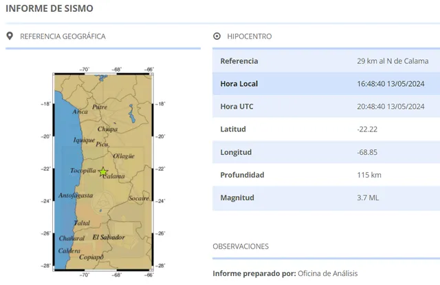  Magnitud y epicentro del temblor hoy en Chile. Foto: CSN   