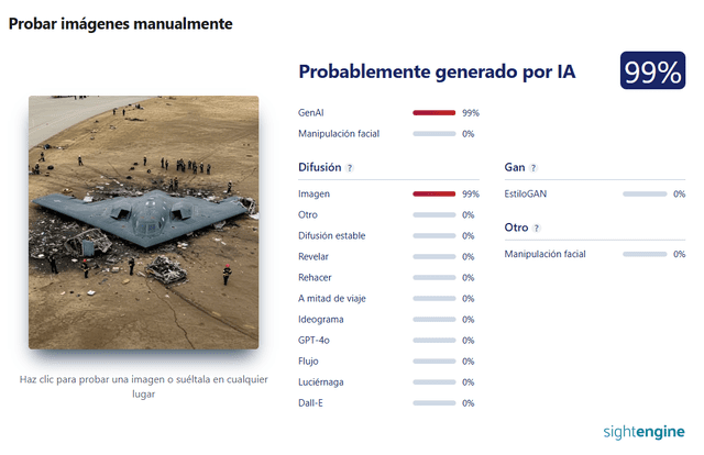 <em> Resultados del programa Sight Engine sobre el bulo. Foto: captura de pantalla</em>   