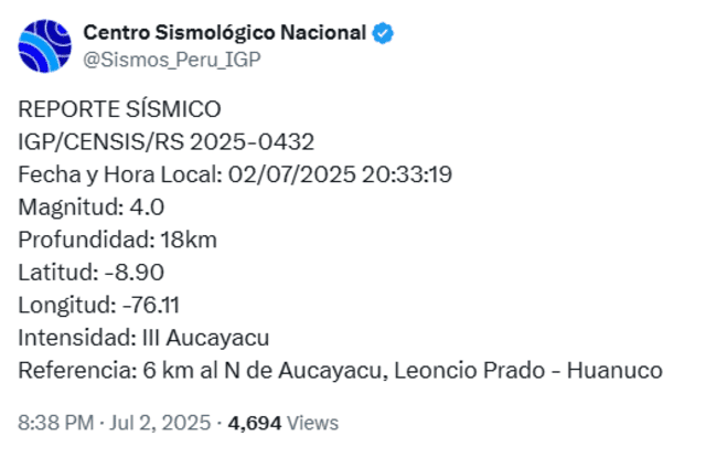 Sismo en Huánuco. Foto: IGP   