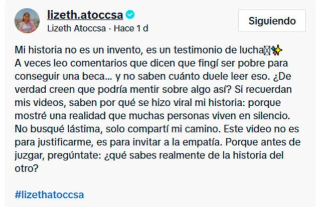 Mensaje de Lizeth Atoccsa tras críticas por compra de departamento. Foto: lizeth.atoccsa / TikTok   