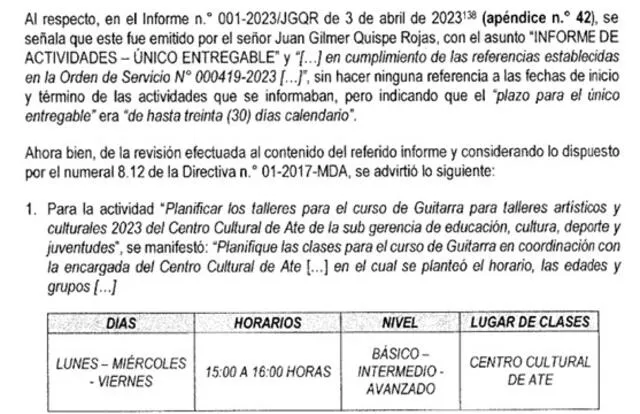 Informe de la Contraloría sobre el músico contratado por la Municipalidad de Ate durante el 2023.   