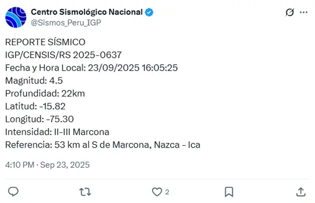 Sismo de magnitud 4,5 se reportó en Nasca, Ica. Foto: IGP   