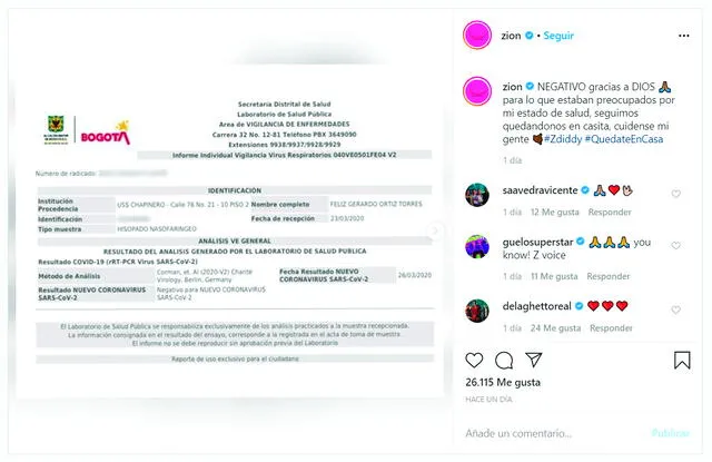 La publicación de Zion sobre sus pruebas por coronavirus en su cuenta de Instagram.