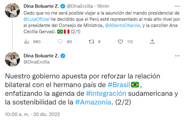 Tuit de presidenta Dina Boluarte sobre toma de mando de Lula. Foto: captura de Twitter