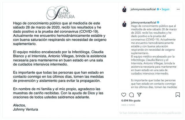 El anuncio oficial de Johhny Ventura en su cuenta de Instagram.