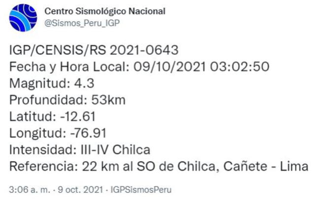 Foto: Twitter Centro Sismológico Nacional