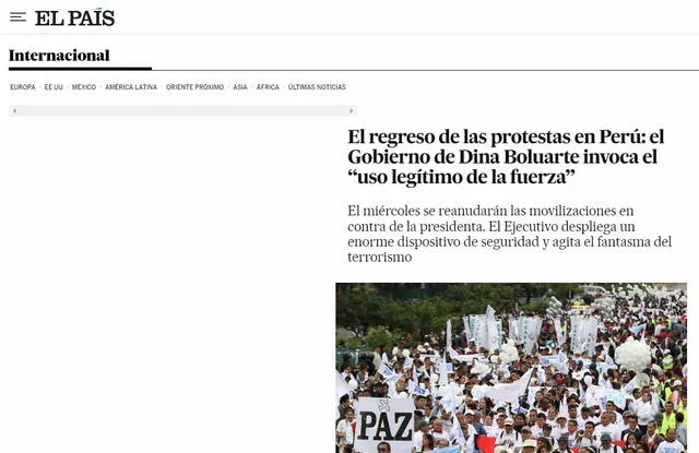El País informa sobre la 'Marcha Nacional' del 19 de julio en Perú. Foto: captura El País   