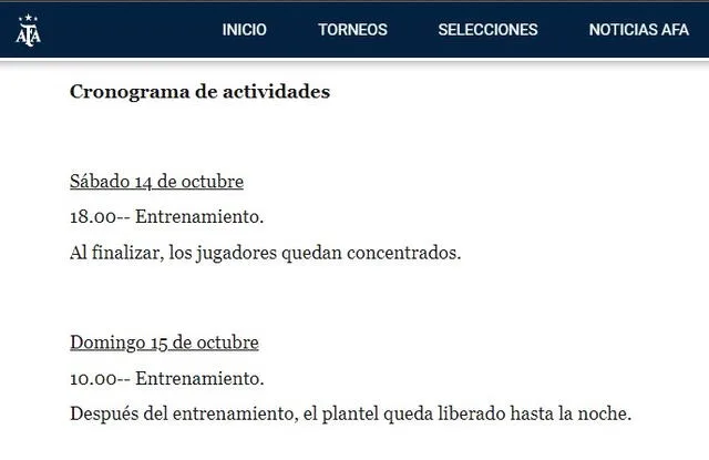 Cronograma de actividades de la seleccin argentina. Foto: captura de AFA 