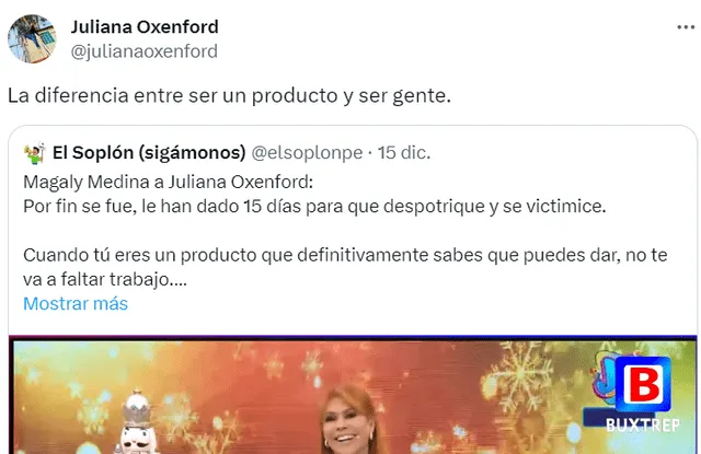  Juliana Oxenford and her blunt response to Magaly Medina after saying that "asked for his head" to ATV.  Photo: X/Juliana Oxenford 