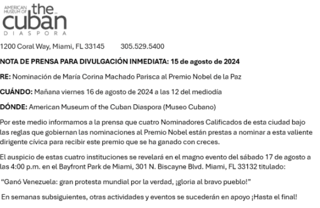 The Museum of the cuban diáspora informó la nominación de María Corina Machado. Foto: X   