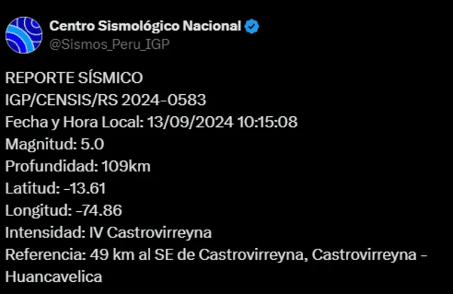 El sismo ocurrió en horas de la mañana del 13 de setiembre. Foto: IGP   