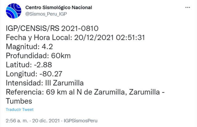 Sismo en Tumbes, IGP