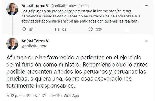 Torres se pronunció en su cuenta de Twitter. Foto: captura