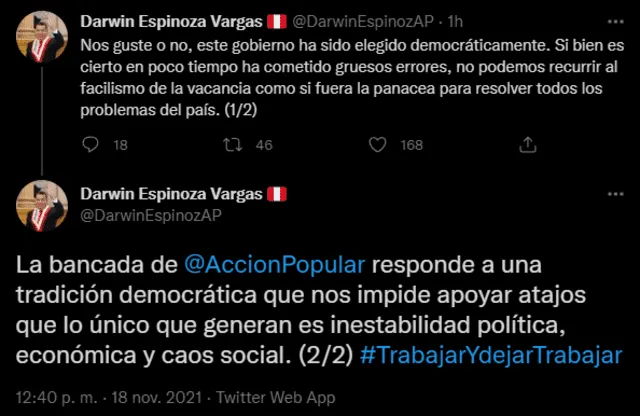 Tuits de Darwin Espinoza. Foto: captura Tuits de Darwin Espinoza. Foto: captura
