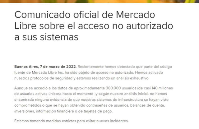 MercadoLibre confirmó el hackeo. Foto: @juanbrodersen/Twitter