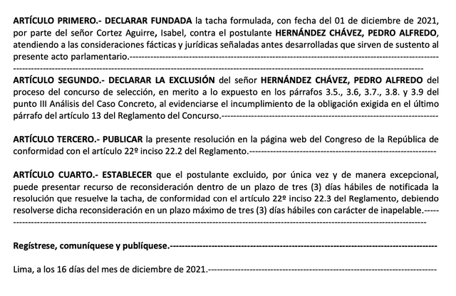 Tacha declarada fundada contra el Hernández Chávez. Foto: documento
