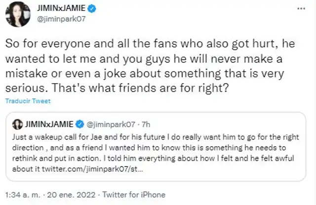 Pubicaciones de Jamie sobre Jae Park. Foto: captura/Twitter