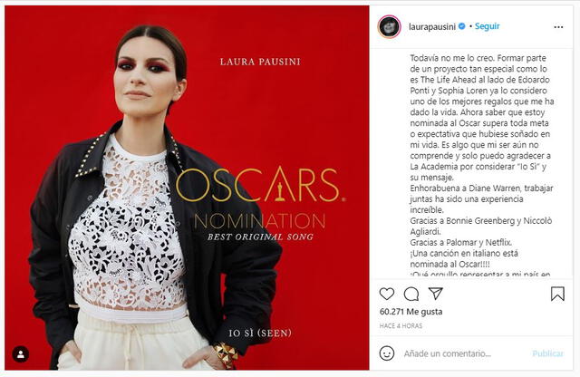 Laura Pausini recibe una nominación a los Oscar. Foto: captura