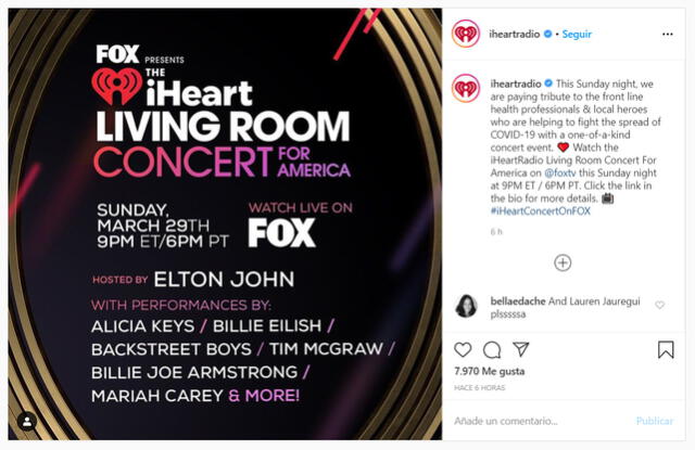 El anuncio del concierto en la cuenta de Instagram de IHeartRadio.