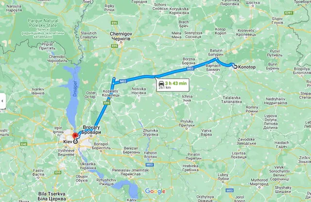 El recorrido que debe realizar Josue Rivera de Konotop a Kiev. Foto: Google