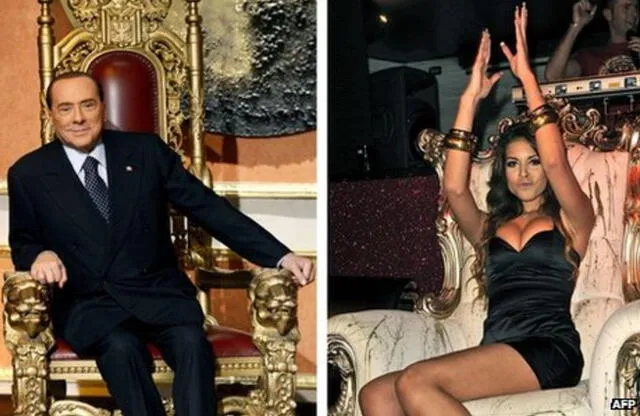  Silvio Berlusconi y Karima 'Ruby' El Mahroug habrían estado juntos en las veladas de “bunga bunga". Foto: BBC/AFP<br>    