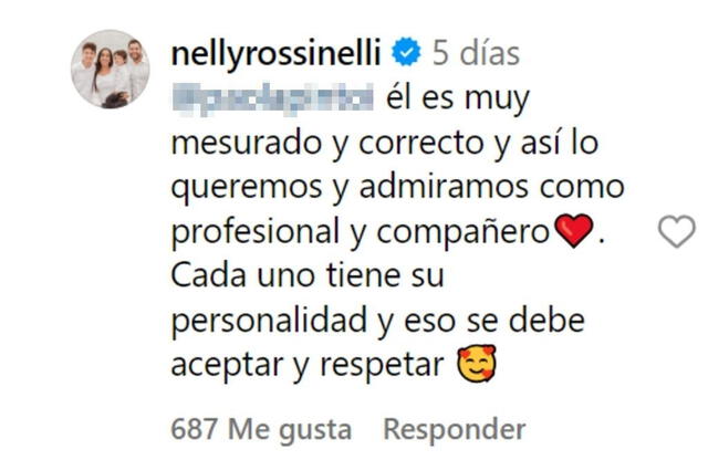 Nelly Rossinelli respondió a críticas hacia su compañero Giacomo Bocchio. Foto: Instagram/El gran chef famosos 