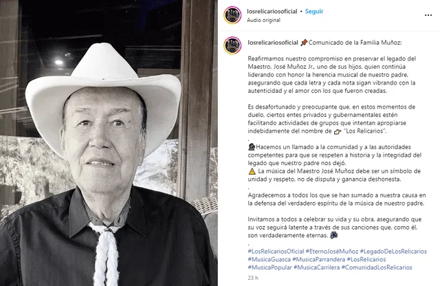 Los Relicarios difundieron el comunicado de la familia de José Muñoz. Foto: Los Relicarios/Instagram   