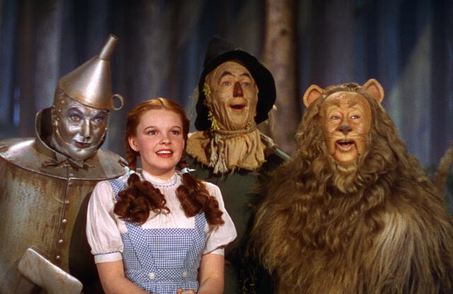  The Tin Man (Jack Haley), The Cowardly Lion (Bert Lahr), Dorothy (Judy Garland), The Scarecrow (Ray Bolger) going&nbsp;to the Emerald City in "The Wizard of Oz. Picture: TCM.   