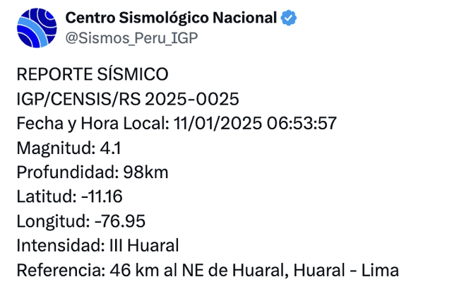 Temblor en Huaral. Foto: IGP/X   