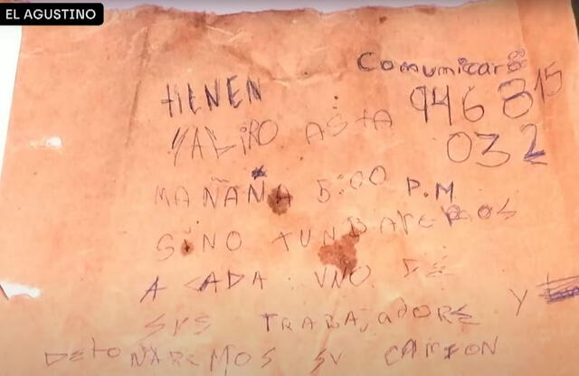 Carta de amenaza de los extorsionadores a los emprendedores del local de bebidas