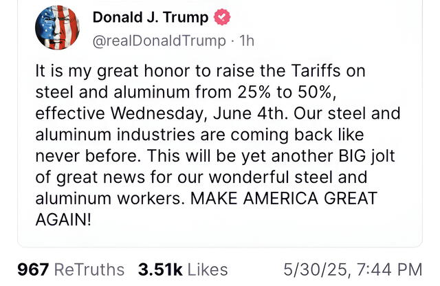 Trump announces doubling steel tariffs to 50% starting June 4 at a Pennsylvania rally, following a $14.9B deal with Japan’s Nippon Steel. Photo: Donald Trump Truth Social account Trump announces doubling steel tariffs to 50% starting June 4 at a Pennsylvania rally, following a $14.9B deal with Japan’s Nippon Steel. Photo: Donald Trump Truth Social account