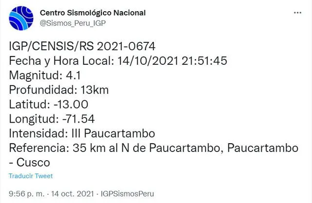 Datos del sismo en Cusco. Foto: Twitter IGP