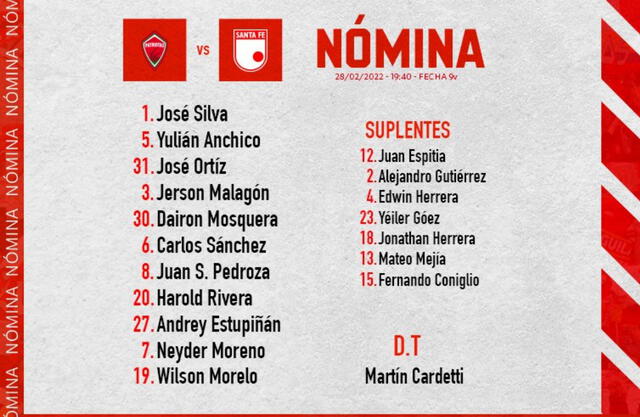 Alineación confirmada de Independiente Santa Fe.