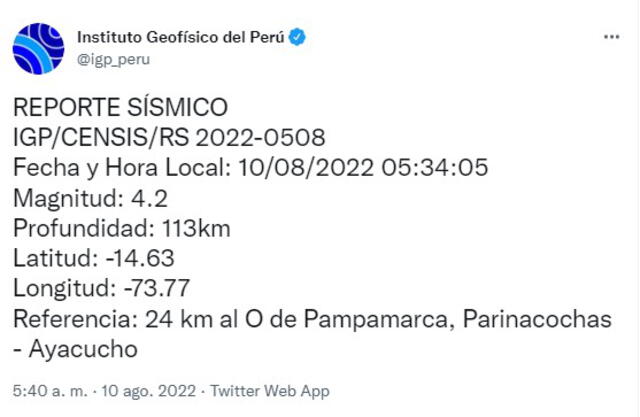 Datos del sismo en Ayacucho. Foto: captura de Twitter @igp_peru