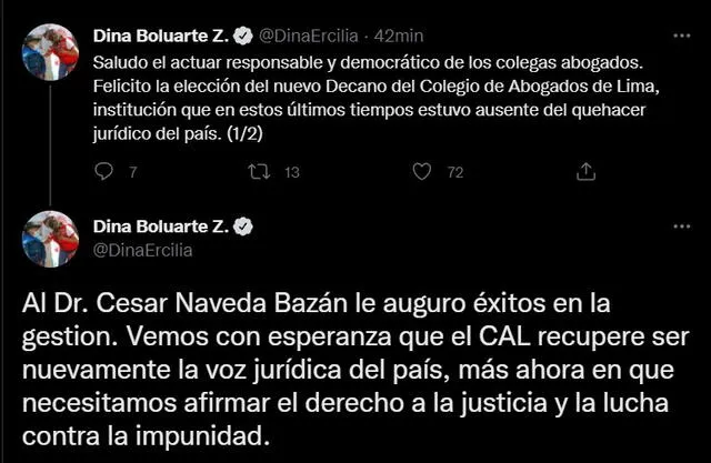 Boluarte saluda elección de César Bazán como decano del CAL. Foto: captura de Twitter