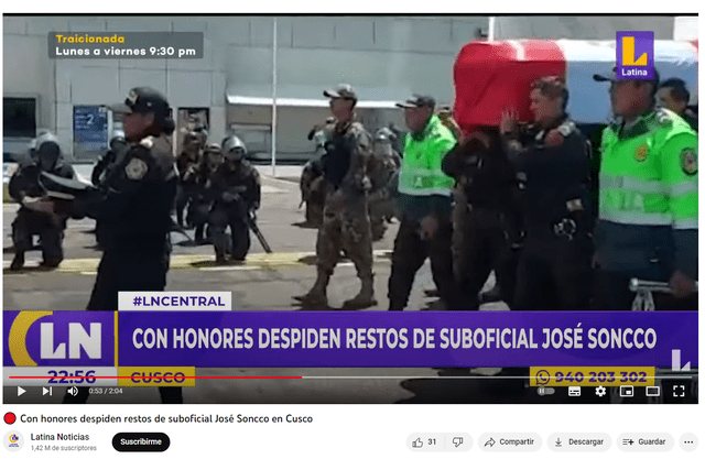 Captura del video del homenaje rendido por la Policía a los restos de Soncco