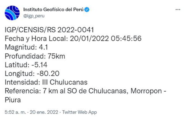 Datos del sismo en Piura. Foto: captura IGP