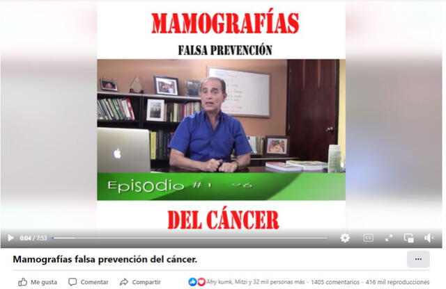 En el video se afirma que la mamografía supuestamente causa cáncer de mama porque contiene radiación. Foto: captura en Facebook.